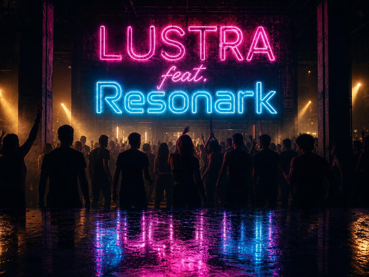 LUSTRA feat. Resonark neon sign over a techno underground crowd in Limassol